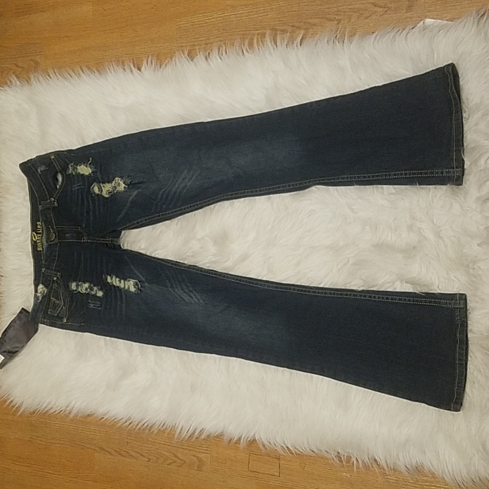 SWEET LIPS DESTROYED BLUE BOOTCUT JEANS